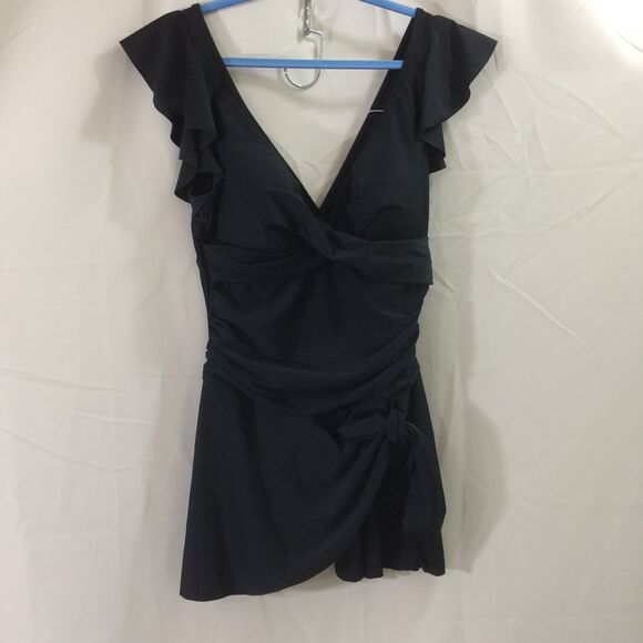 NEW AIDONGER Black Ruffle V-Neck One Piece Swim Dress Size L NWT Swimsuit - Picture 3 of 7